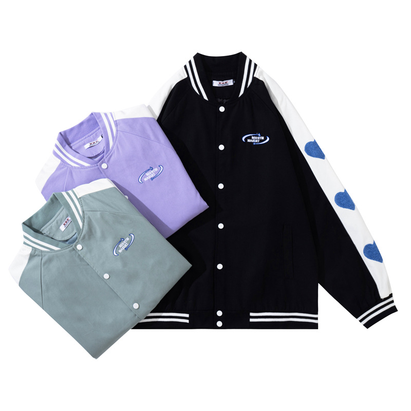 国潮复古棒球服夹克男女ins高街嘻哈爱心植绒情侣外套