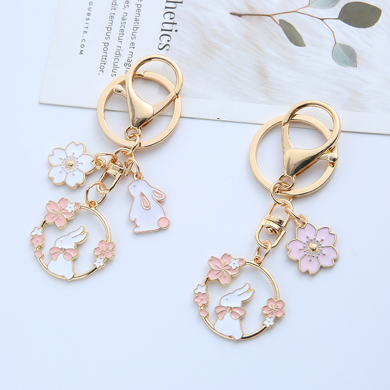 Ins Cute Girl Heart Cherry and Bunny Garland Keychain Airpods Earphone Protective Cover Pendant Bag Lanyard