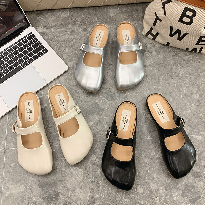 包头半拖鞋女夏外穿2024新款软底平底圆头穆勒鞋法式玛丽珍半拖鞋