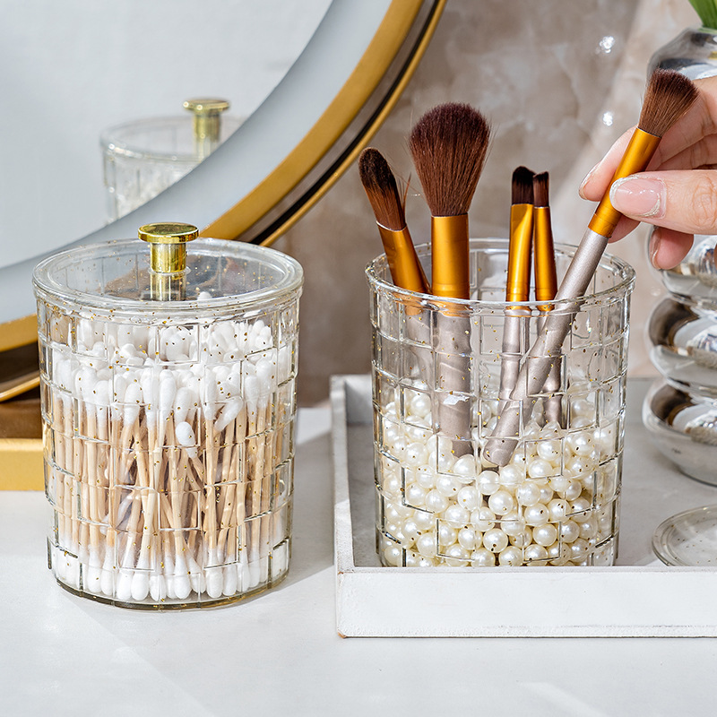 New Light Luxury round Transparent Desktop Cotton Swab Storage Box with Lid Gold Powder Gold Buckle Desktop Cosmetic Cotton Storage Box