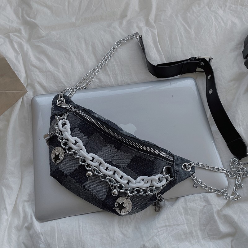 韩风ins牛仔布格子胸包2021原宿风软妹单肩斜挎胸包批发