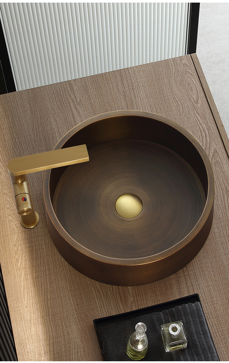 仿古铜色304不锈钢台上盆民宿酒店洗手盆单盆新中式复古洗脸盆