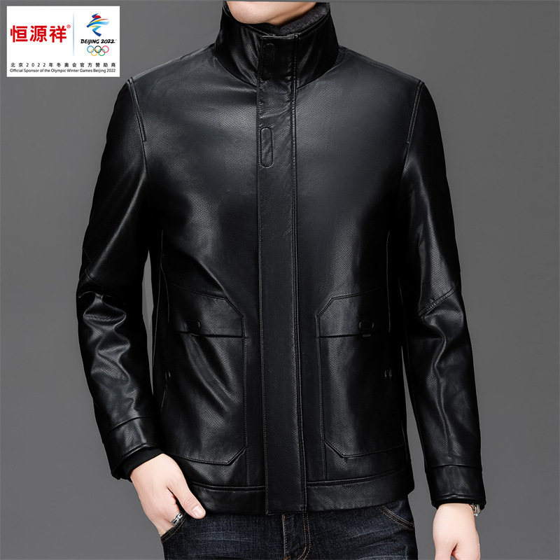 恒源祥冬季男士皮衣羽绒服新款皮夹克黑色翻领商务休闲保暖外套男