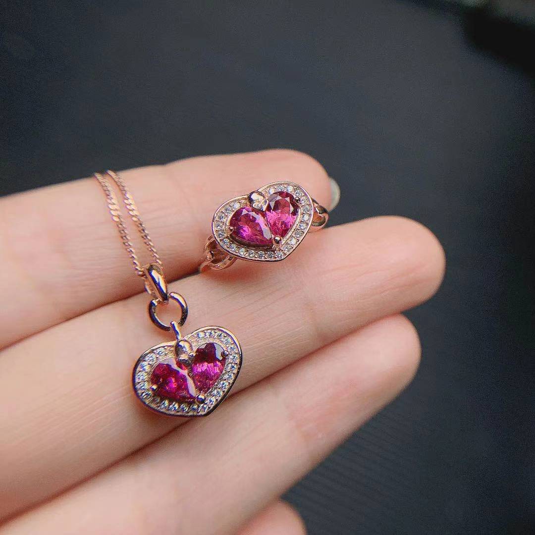 天然碧玺套装心形戒指项链925银镶嵌围钻吊坠指环两件套地摊货源