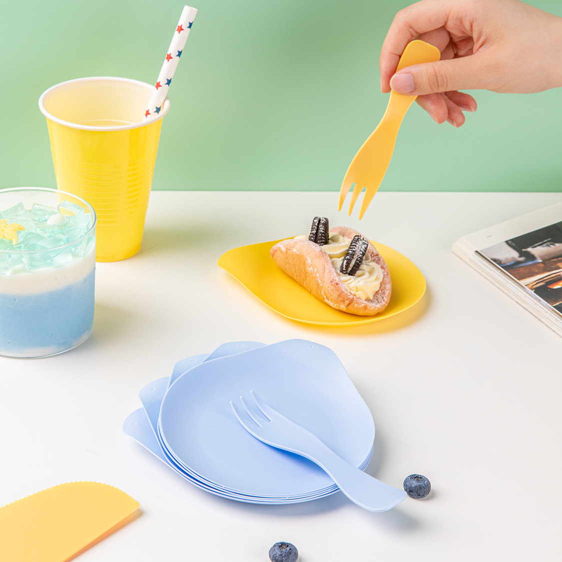 可降解餐具环保餐具/食客工具生日蛋糕六色一次性餐具套装加厚可