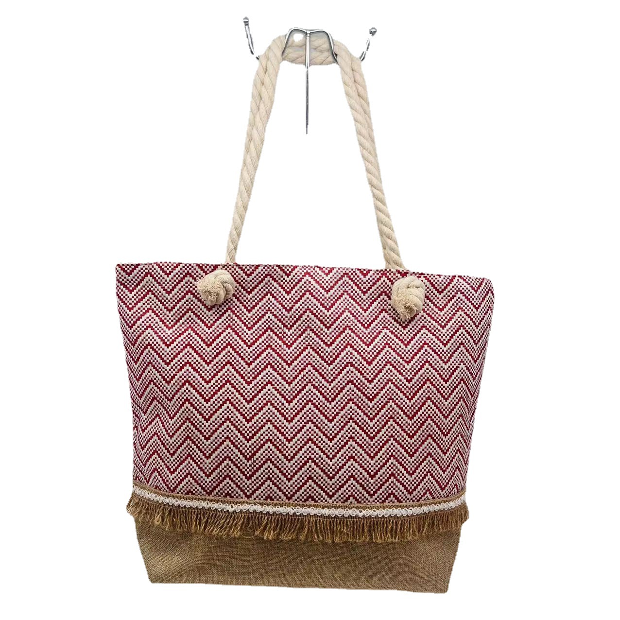 Summer New Cotton and Linen Woven Travel Fashion Striped Stitching Papyrus Raffia Paper Woven Female Large Capacity Shoulder Bag