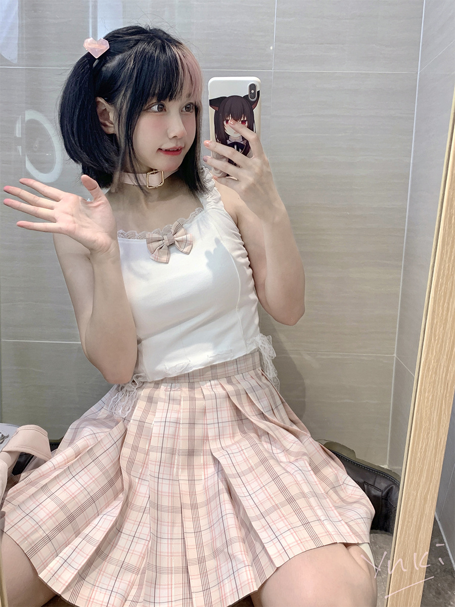 【小桃气泡】鹤桃桃 | jk制服原创蕾丝吊带纯欲感银线粉格裙套装