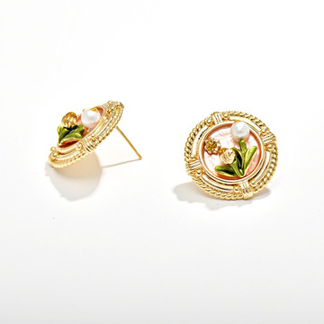 油画风郁金花巴洛克珍珠耳环银针复古风小众新中式珐琅耳钉耳饰