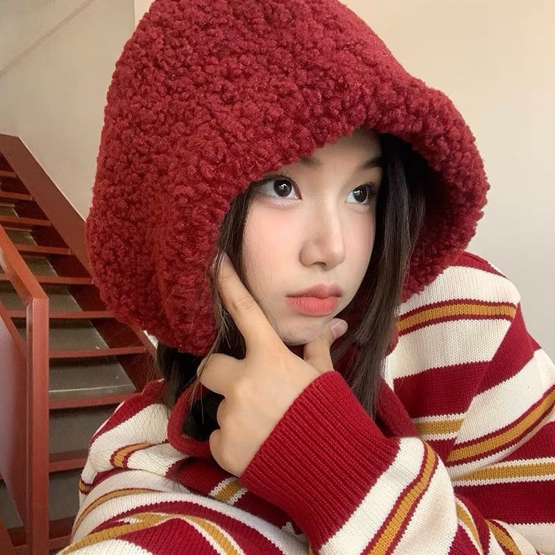 红色巫女帽圣诞帽子毛绒雷锋帽保暖秋冬羊羔系带滑雪包头护耳帽潮