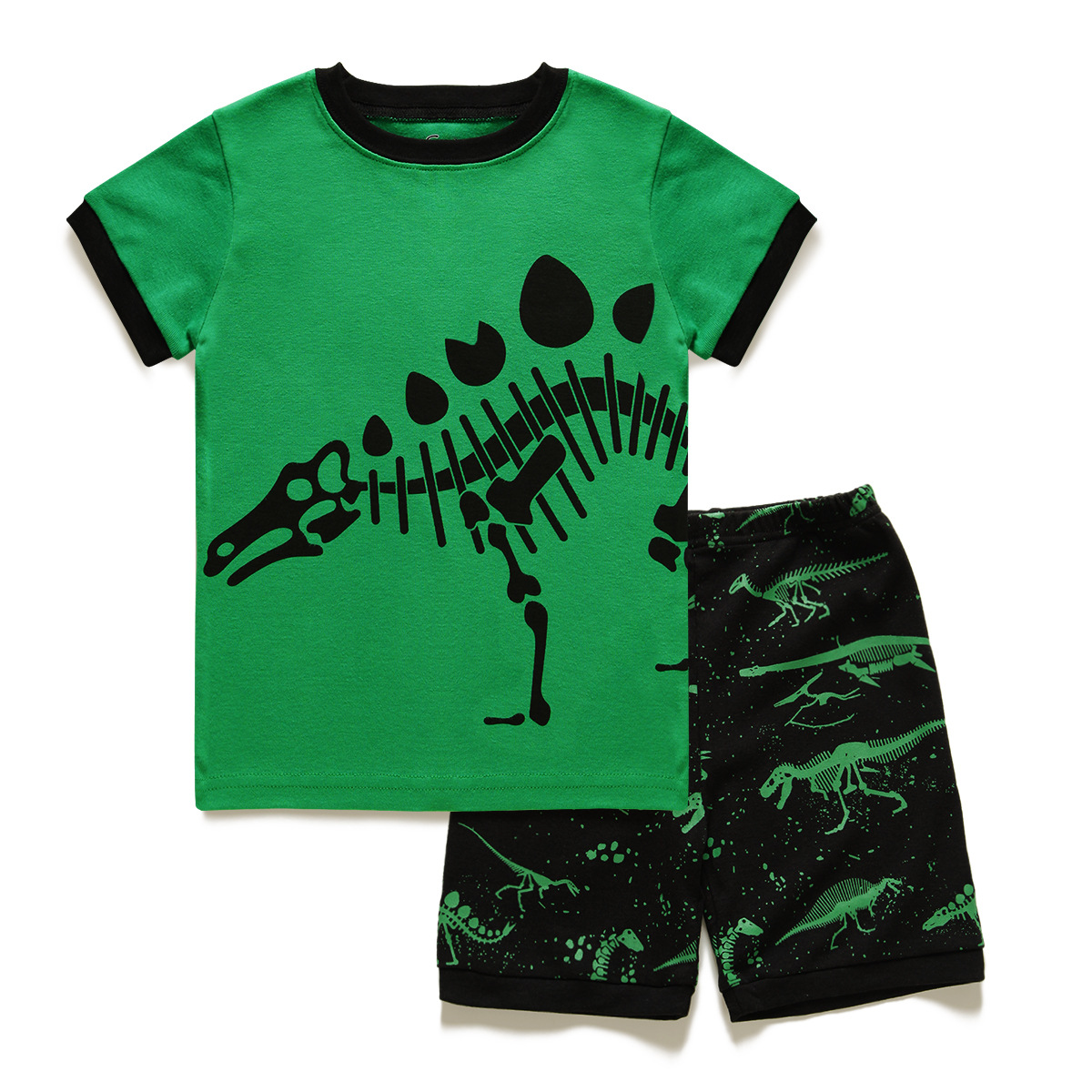 夏季新款卡通恐龙套装 棉质绿色儿童短袖睡衣两件套 亚马逊货源