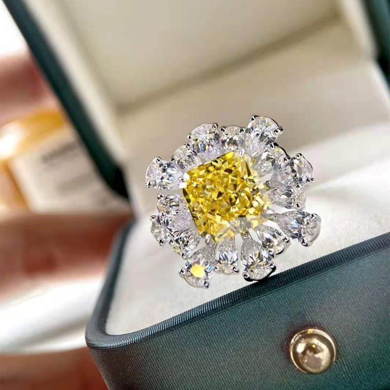 水滴围镶黄钻戒指女s925纯银5克拉彩色仿真钻豪华款欧美钻戒超闪