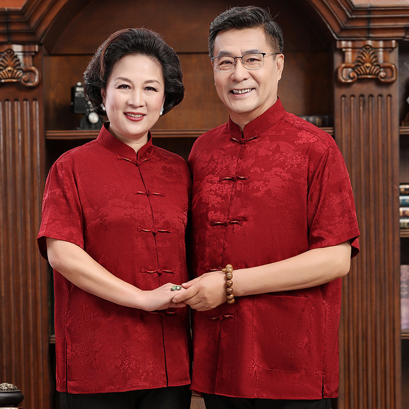 唐装男中老年爸爸短袖女装夏装老人衣服爷爷奶奶过寿生日情侣套装