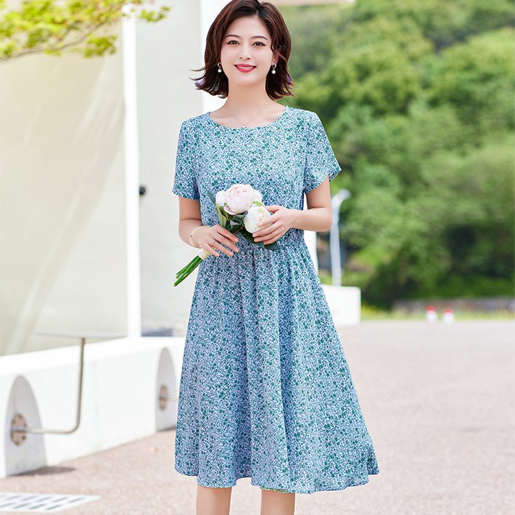 棉绸连衣裙女2024新款夏季时尚中长款人造棉绵印花收腰显瘦长裙子