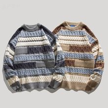 2022冬季新款条纹毛衣男士圆领宽松不规则撞色提花加厚保暖针织衫