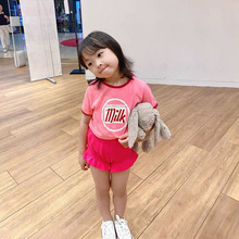 ins夏韩版童装女童短袖T恤百搭小女孩粉色上衣洋气套装潮童装批发