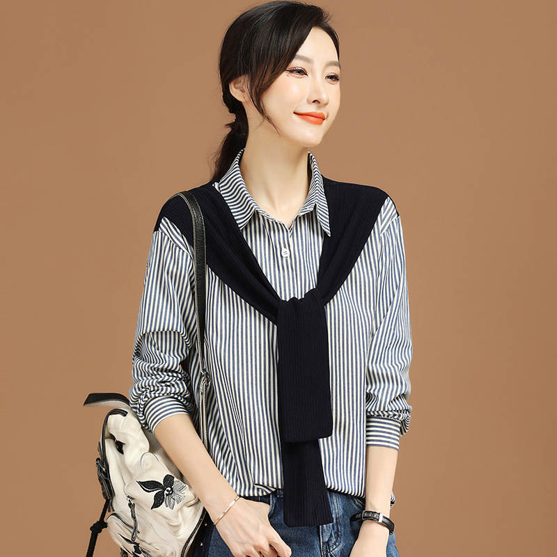 条纹长袖女士衬衣2021年秋装新款宽松法式休闲衬衫女上衣薄b6941
