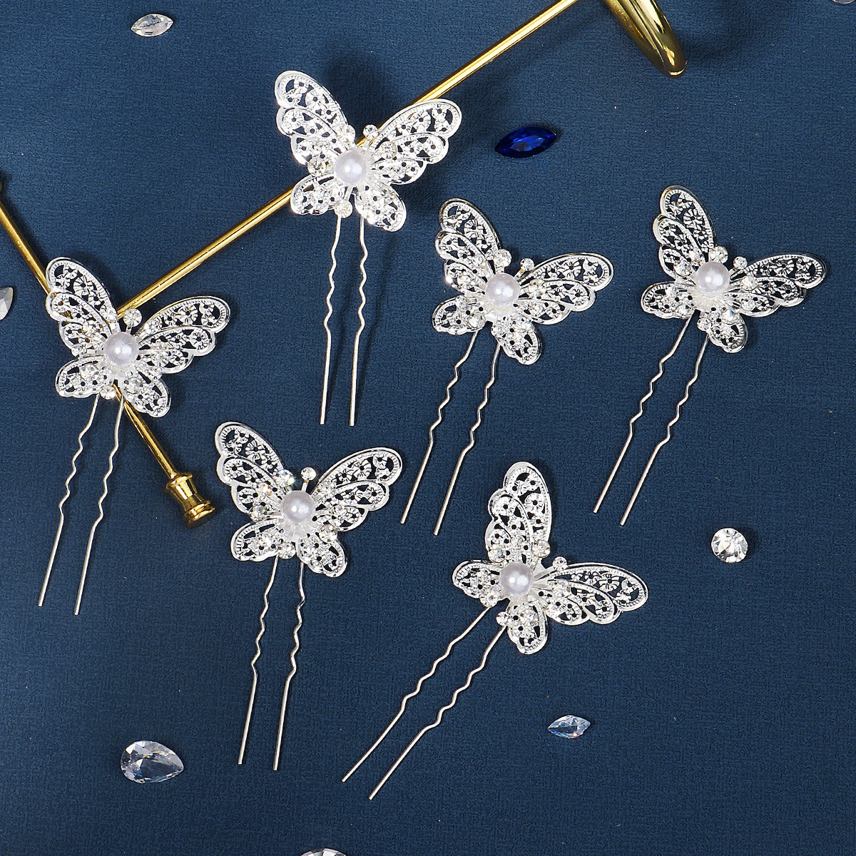 Cross-Border Fantasy Girl Headdress Hairpin Rhinestone Pearl Updo U-Shaped Hairpin Antique Metal Hollow Butterfly Hairpin