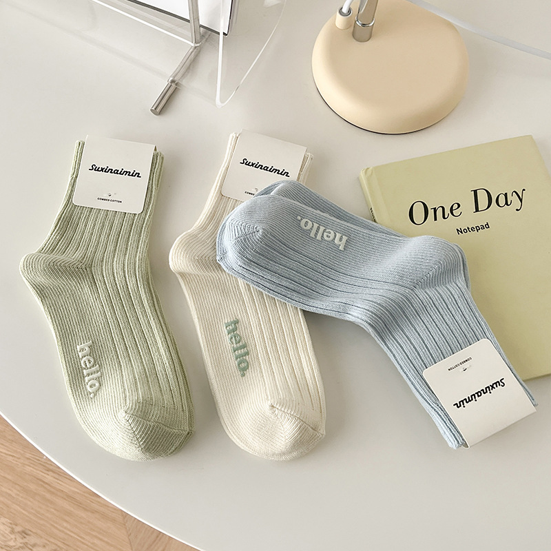 Spring and Autumn Women's Mid-Calf Length Sock Japanese Hot Stamping Macaron Socks Women's Cream Color Cotton Socks Zhuji Long Tube Women's Socks