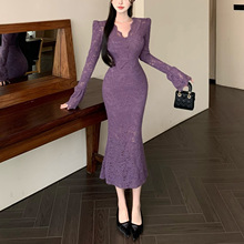 纯欲V领长袖连衣裙女秋装法式紫色蕾丝包臀裙修身鱼尾中长裙裙子