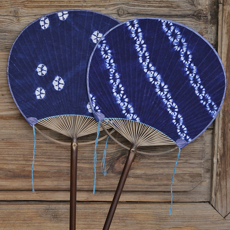 批发手工扎染团扇长柄紫竹大理田园风双面棉布扇古典扇子圆形清仓