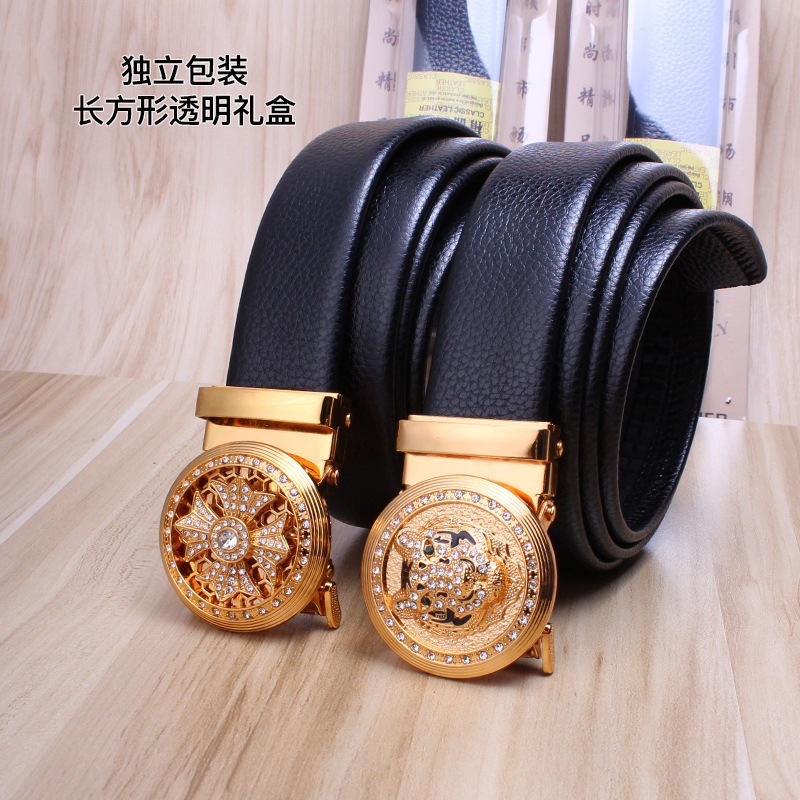 Men's Leather Belt Automatic Leather Buckle Casual Belt Smooth Buckle Pant Belt Wholesale Yiwu Stall Hot Sale Running Rivers and Lakes