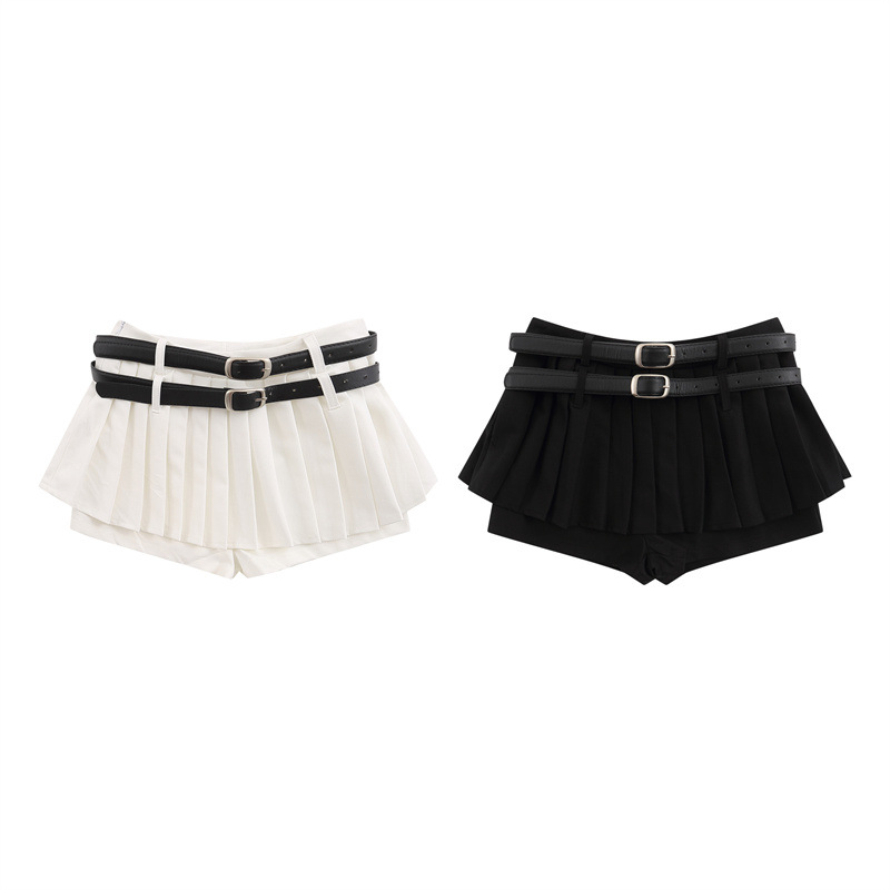 nariele 美式性感低腰超短迷你裙防走光半身裙女双腰带辣妹百褶裙