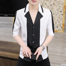 潮牌夏季男士衬衫七分袖韩版修身潮流西装领短袖休闲衬衣中袖外套