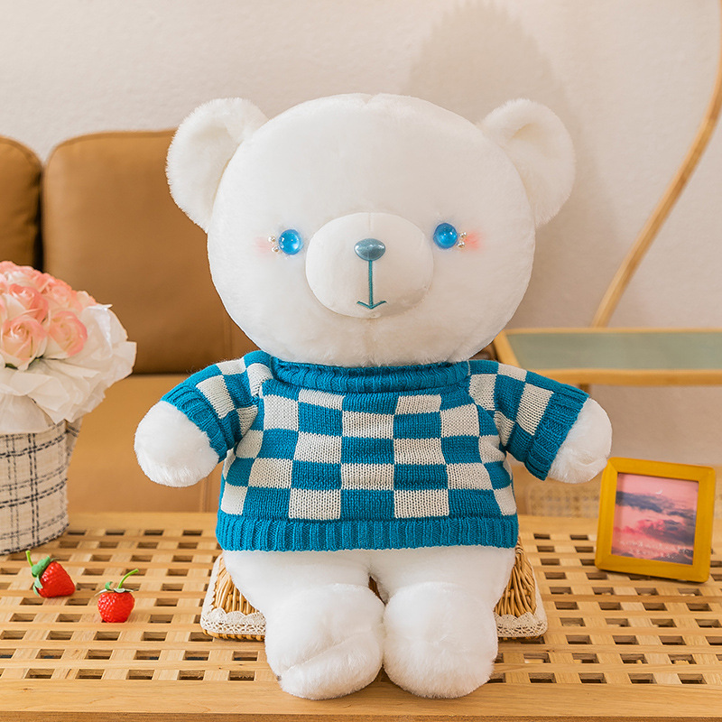 Cross-Border New Arrival Blue and White Plaid Little Bear Doll Dressing Teddy Bear Plush Toy Pillow Birthday Gift Promotion Wholesale