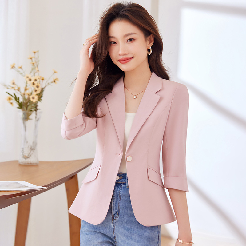 粉色西装女夏季薄款气质职业正装炸街休闲小西服七分袖2024新款