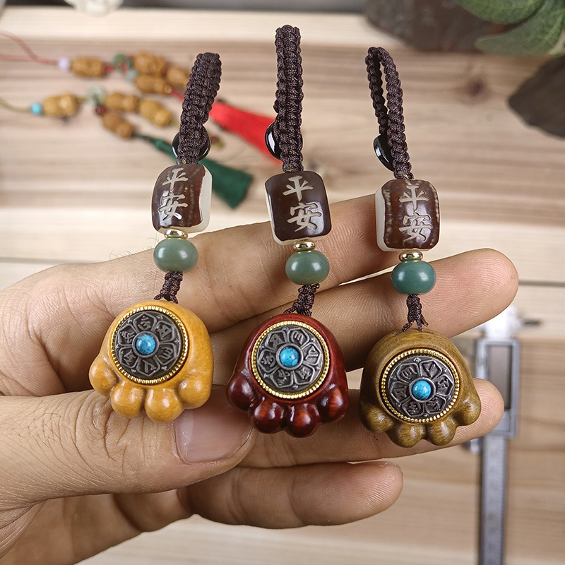 make money rosewood cat‘s paw car key ring pendant green sandalwood phone chain lanyard bag ornaments wholesale
