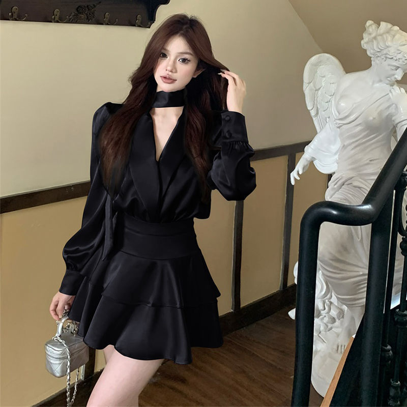 2025早秋新款女装套装气质名媛缎面衬衫蛋糕半身裙感小洋装两件套