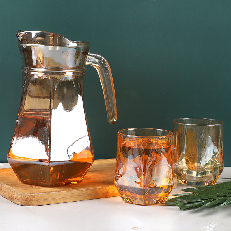 Household Hexagonal Glass Cold Water Pot Set Water Pitcher Water Cup Set Glass Kettle Duckbill Pot Juice Jug Gift