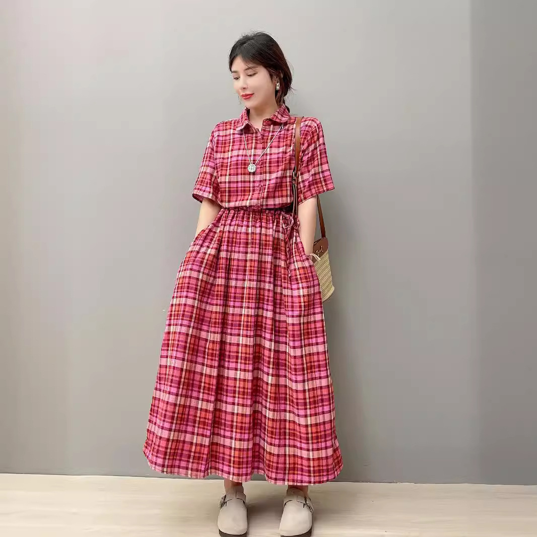 格子连衣裙 2024夏季新款文艺复古宽松翻领高腰棉麻长裙-阿里巴巴