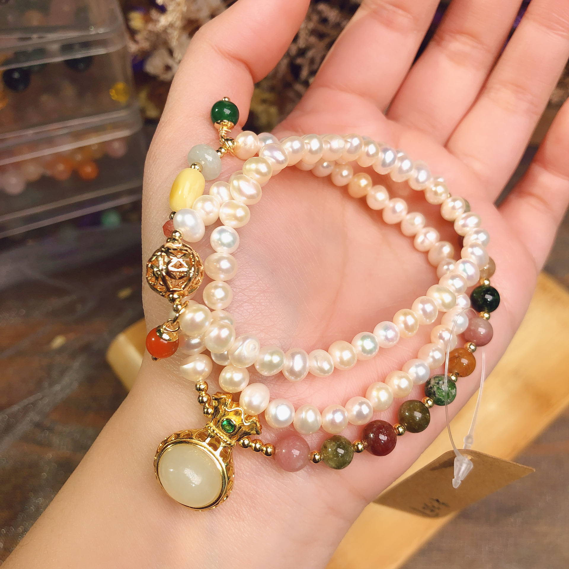 淡水珍珠碧玺手链女国风气质和田玉福袋三圈手串diy可个性直播