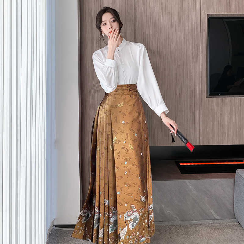 Cross-Border 2024 New Chinese Style Women's Clothing Improved Hanfu Daily Horse-Face Skirt Skirt Two-Piece Suit for Women Spring