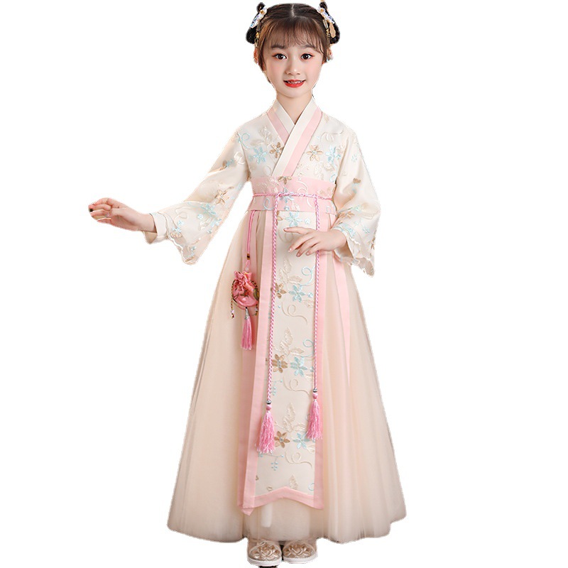 Chinese Style Girls' Han Chinese Costume New Spring and Autumn Children's Ancient Costume Tang Suit Cross Collar Pink Ancient Style Super Fairy Little Girl Long Sleeve