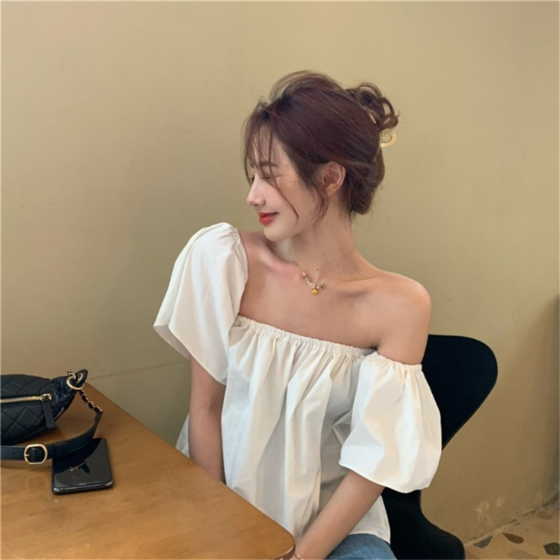 一字领露肩雪纺上衣图片