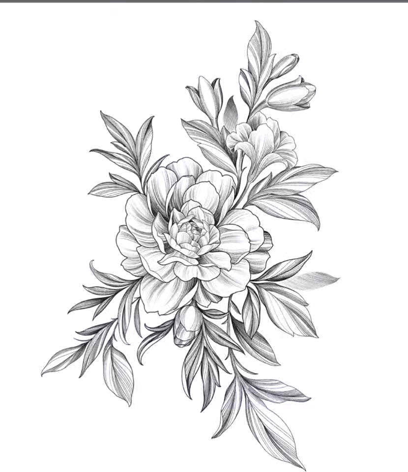 现货批发黑白素描花朵纹身贴暗黑花臂纹身贴纸玫瑰花朵tattoo