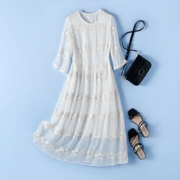 白真丝连衣裙女夏新款重磅刺绣花杭州桑蚕丝长裙仙气质长裙28045