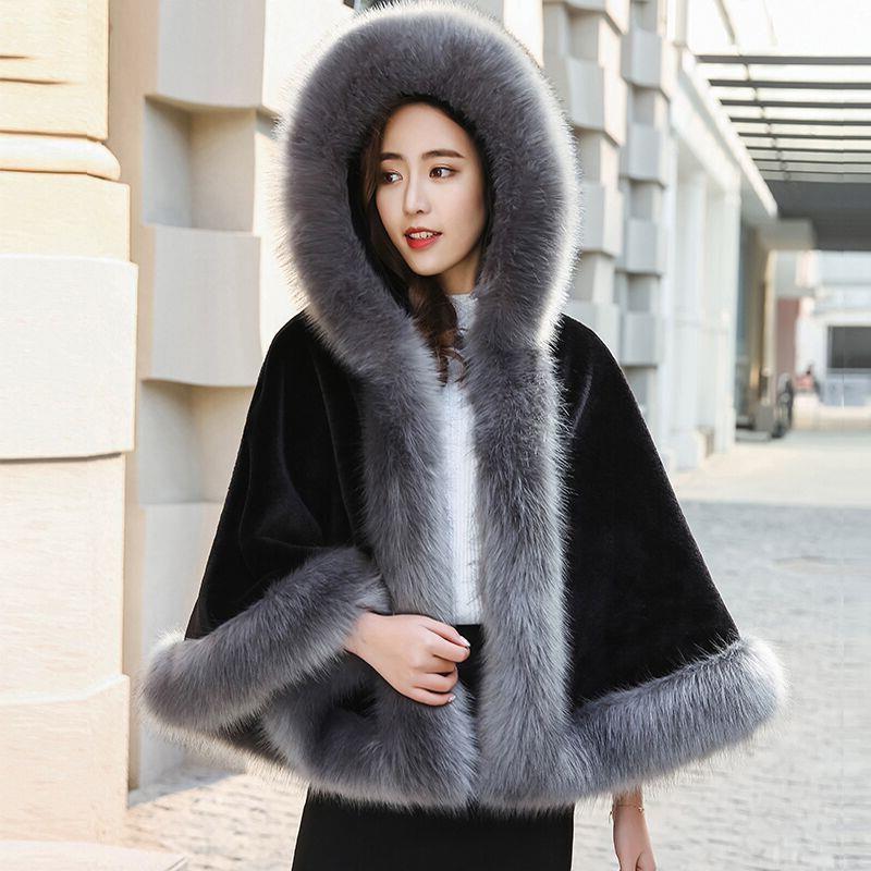 婚纱披肩女秋冬红色披风斗篷加厚狐狸毛皮草外套结婚新娘旗袍外搭