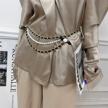 法式复古山茶花链条腰链女网红时尚拼接皮质金属腰带配饰女收腰潮
