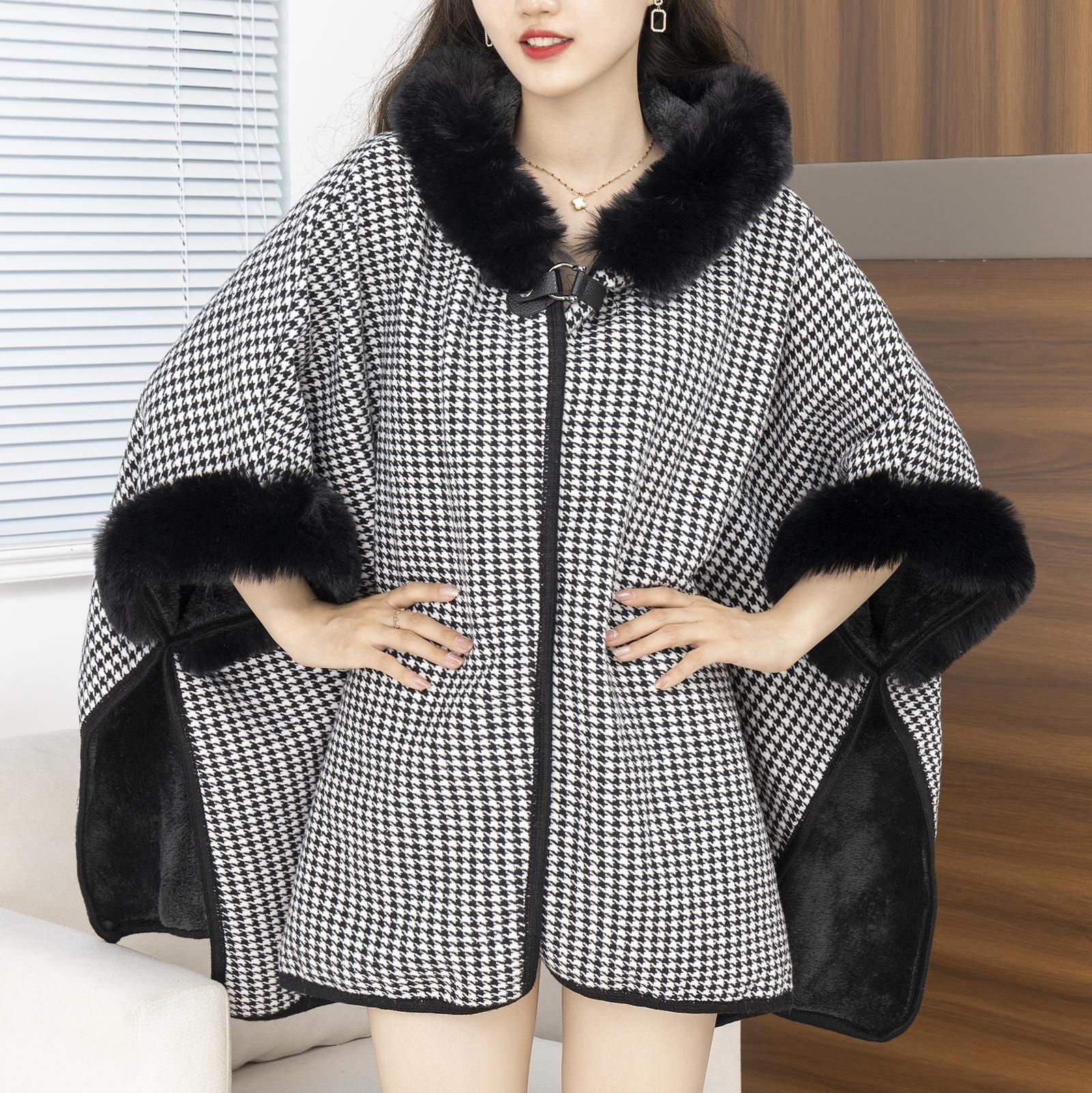 british style houndstooth cloak european and american women‘s autumn and winter new lengthened cloak plaid retro woolen coat