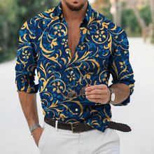 2023春秋款男士3D印花时尚新款夏威夷巴洛克风格男装休闲长袖衬衫