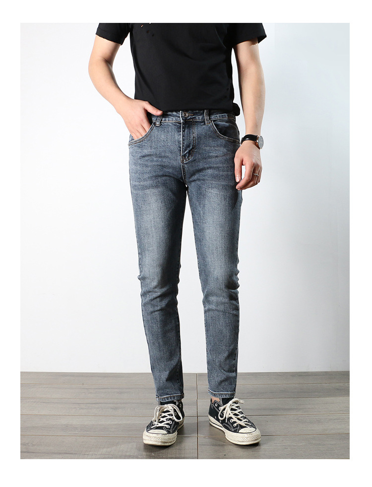 2021春季新品复古洗水修身小脚裤男士韩版潮流弹力休闲九分牛仔裤