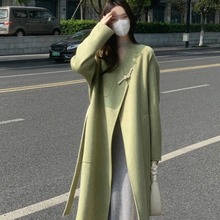 新中式抹茶呢子大衣女2023新款冬装高级感中长款绿色国风毛呢外套
