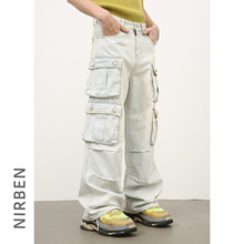 nirben牛仔|美式多口袋牛仔裤男复古宽松直筒工装裤阔腿休闲长裤
