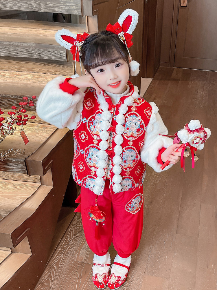 Girls' Chinese Style New Year Clothes Tang Suit Outfit 2023 New Girl's Ancient Costume New Year's Day New Year Celebration Hanfu