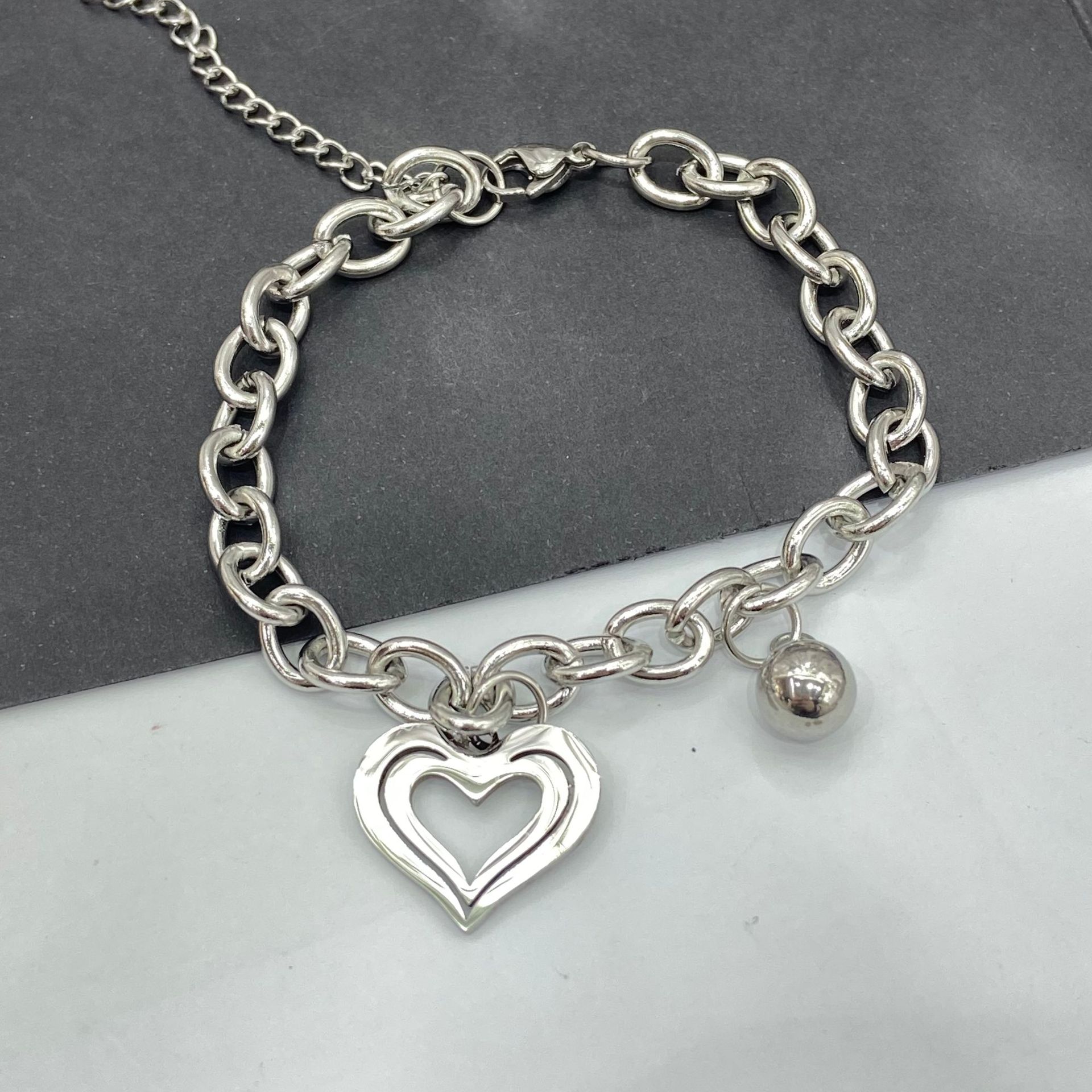 New Double-Layer Titanium Steel Bracelet Hanging Hand Personality Chain Korean Hip-Hop Fashion Chain Punk Heart Bracelet Accessories