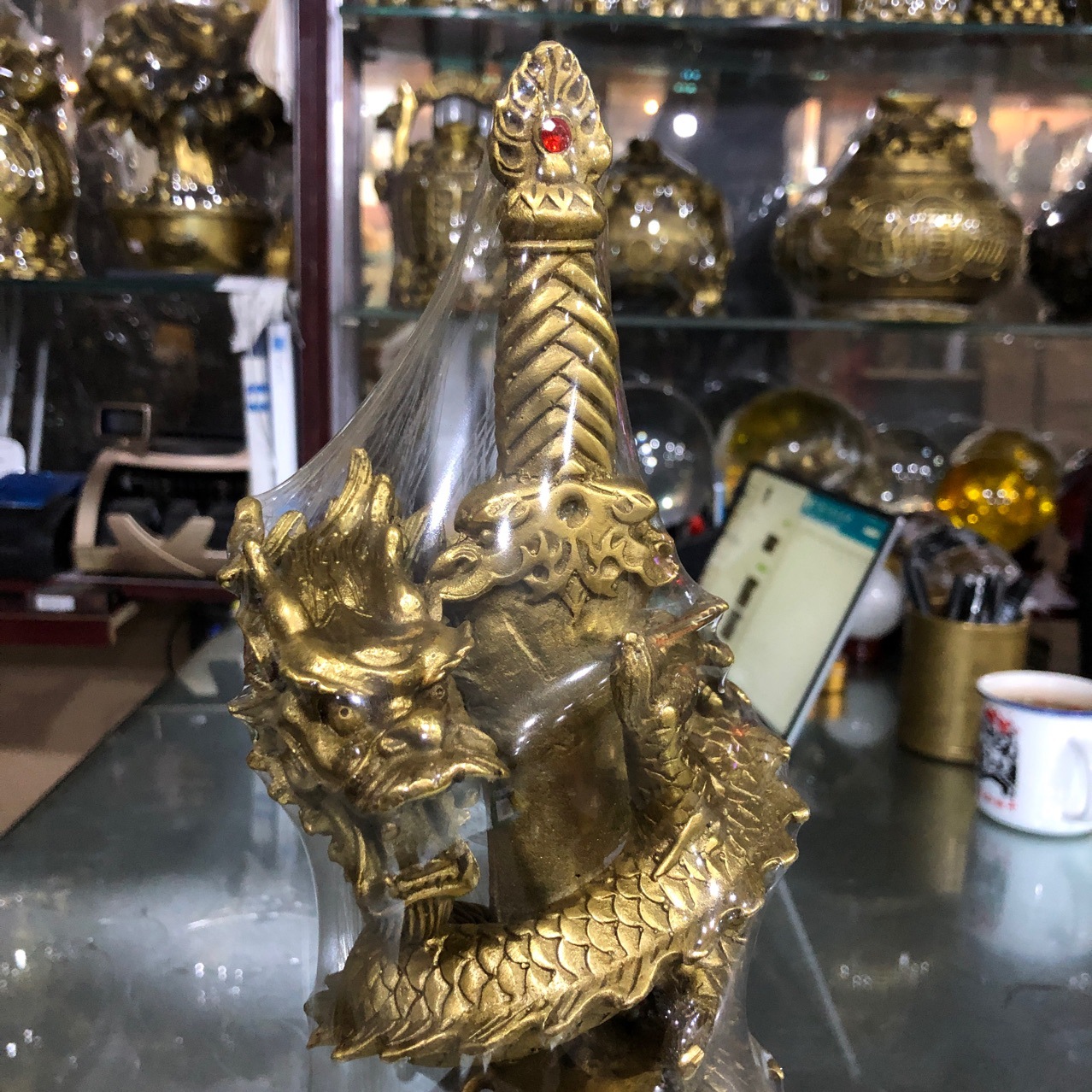 步步莲花 纯铜神龙宝剑摆件 龙盘剑