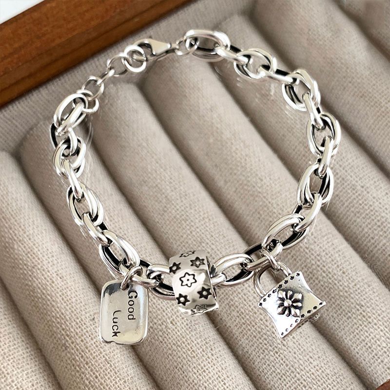 Special-Interest Design Love Square Plate Sterling Silver Bracelet 2023 New Summer Girls Cold Style Couple Girlfriends Gift